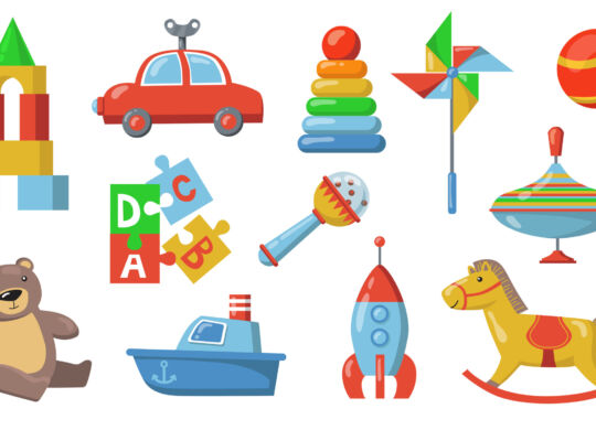 Children toys set. Colorful plastic submarine, car, spaceship, teddy bear, puzzle constructor, rattle ball. Isolated vector illustration for childhood, toddler age, baby care concepts